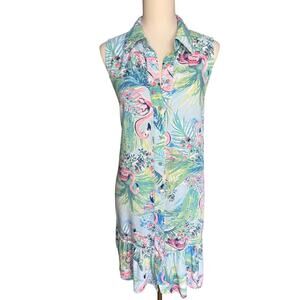 Song & Spirit Flamingo Tropical Sleeveless Button Front Shift Shirt Dress Large